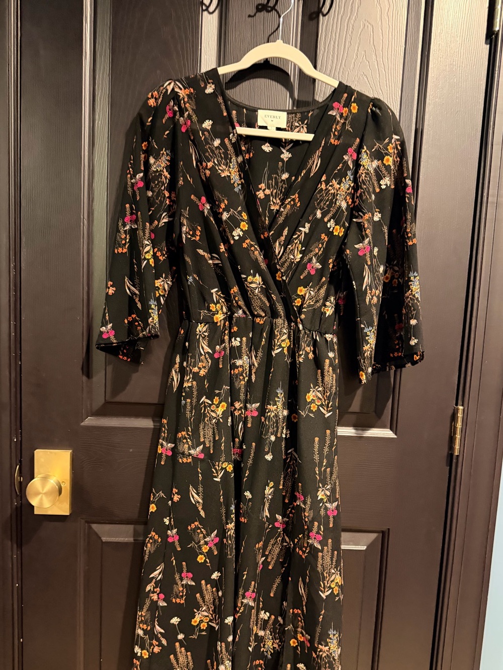 Black Floral Wrap Midi Dress